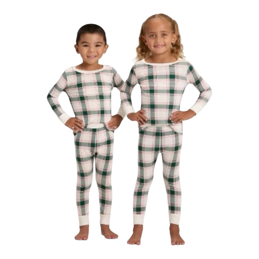 New Wondershop Green and Cream Plaid Kids Two-Piece Pajama Set- (4T)